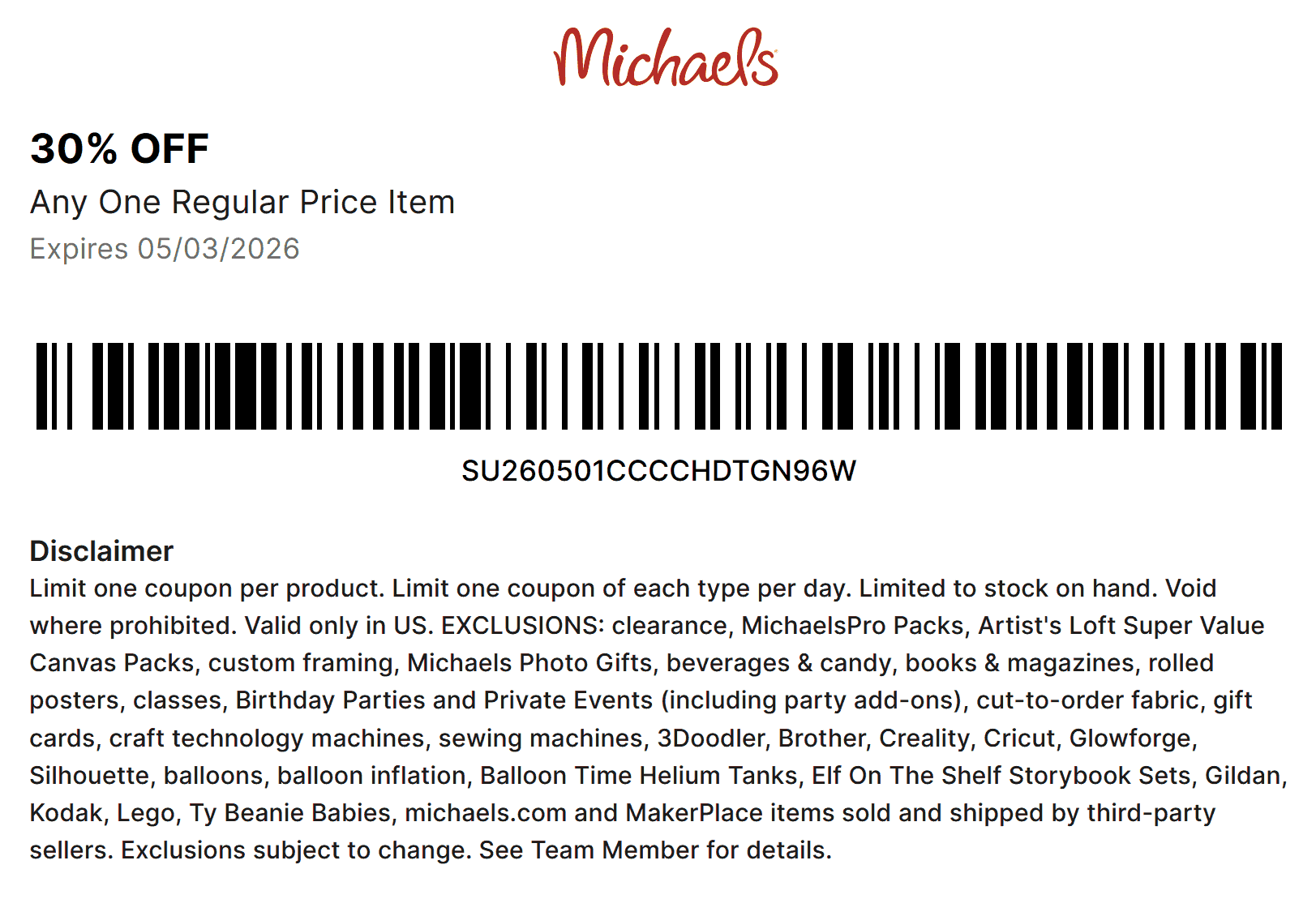 Michaels stores Coupon  30% off a single item at Michaels, or online via promo code MAYIGET30 #michaels 