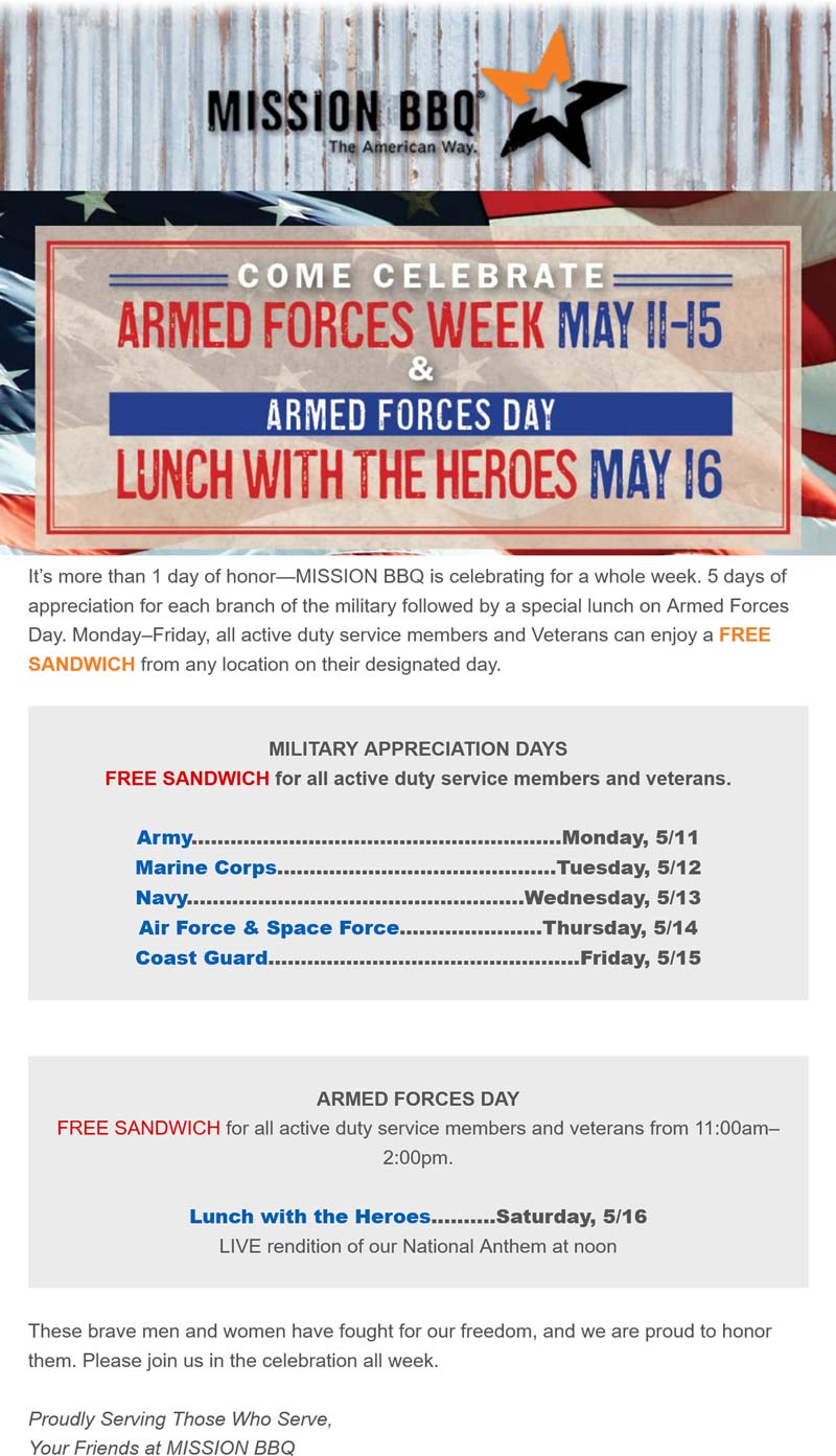 Mission BBQ restaurants Coupon  Active & veterans enjoy a free sandwich at Mission BBQ #missionbbq 