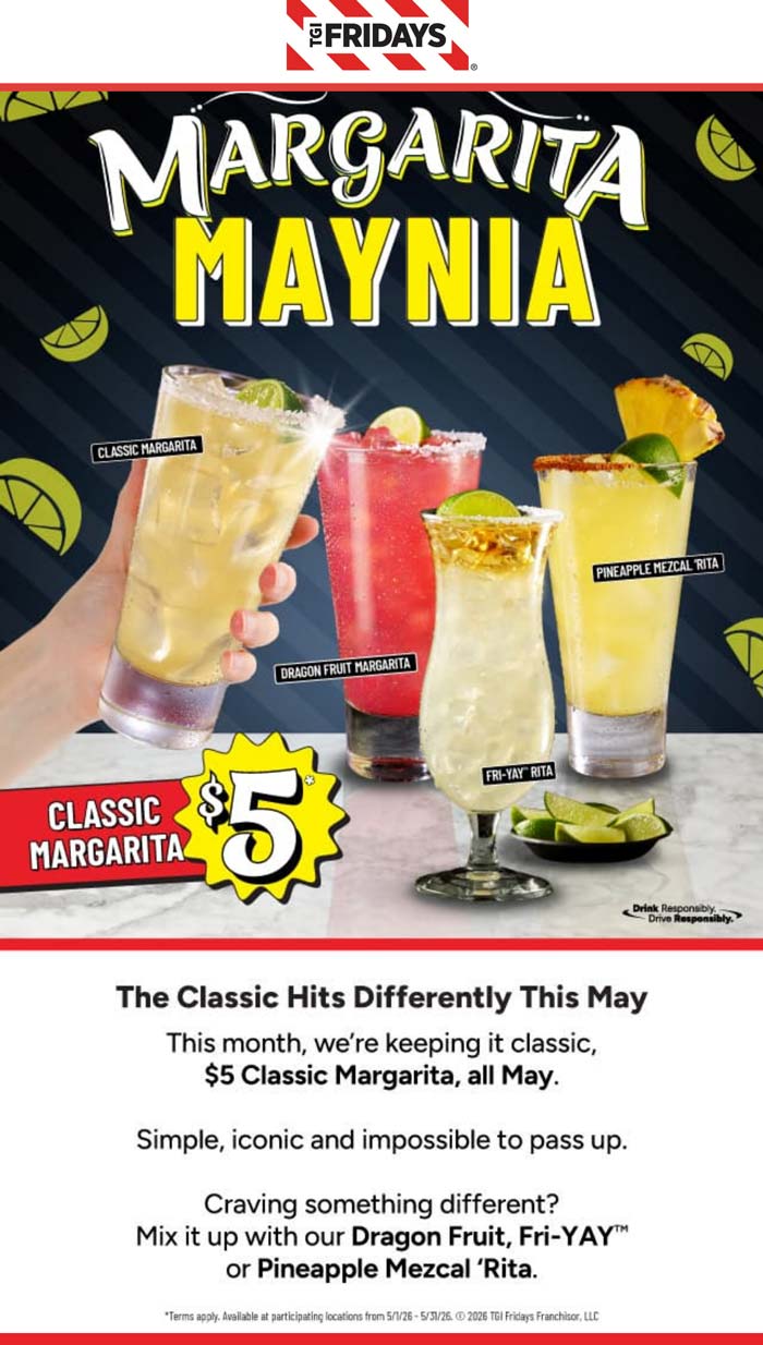 TGI Fridays restaurants Coupon  $5 margaritas all month at TGI Fridays restaurants #tgifridays 