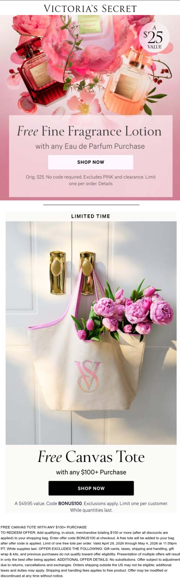 Victorias Secret stores Coupon  Free canvas tote on $100 & more at Victorias Secret via promo code BONUS100 #victoriassecret 