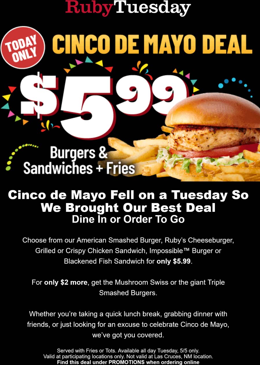 Ruby Tuesday restaurants Coupon  Cheeseburger + fries = $6 today at Ruby Tuesday #rubytuesday 
