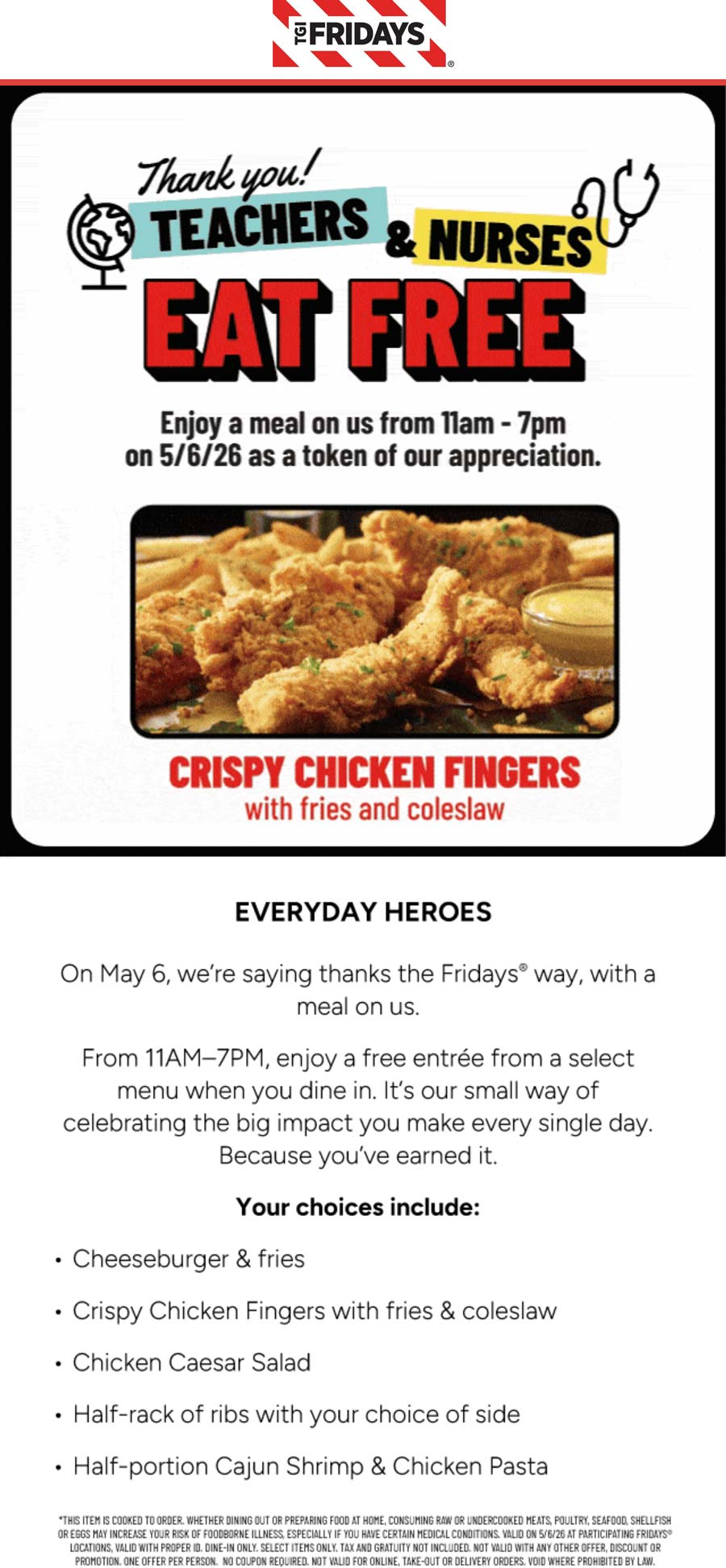 TGI Fridays restaurants Coupon  Teachers & nurses eat free today at TGI Fridays restaurants #tgifridays 
