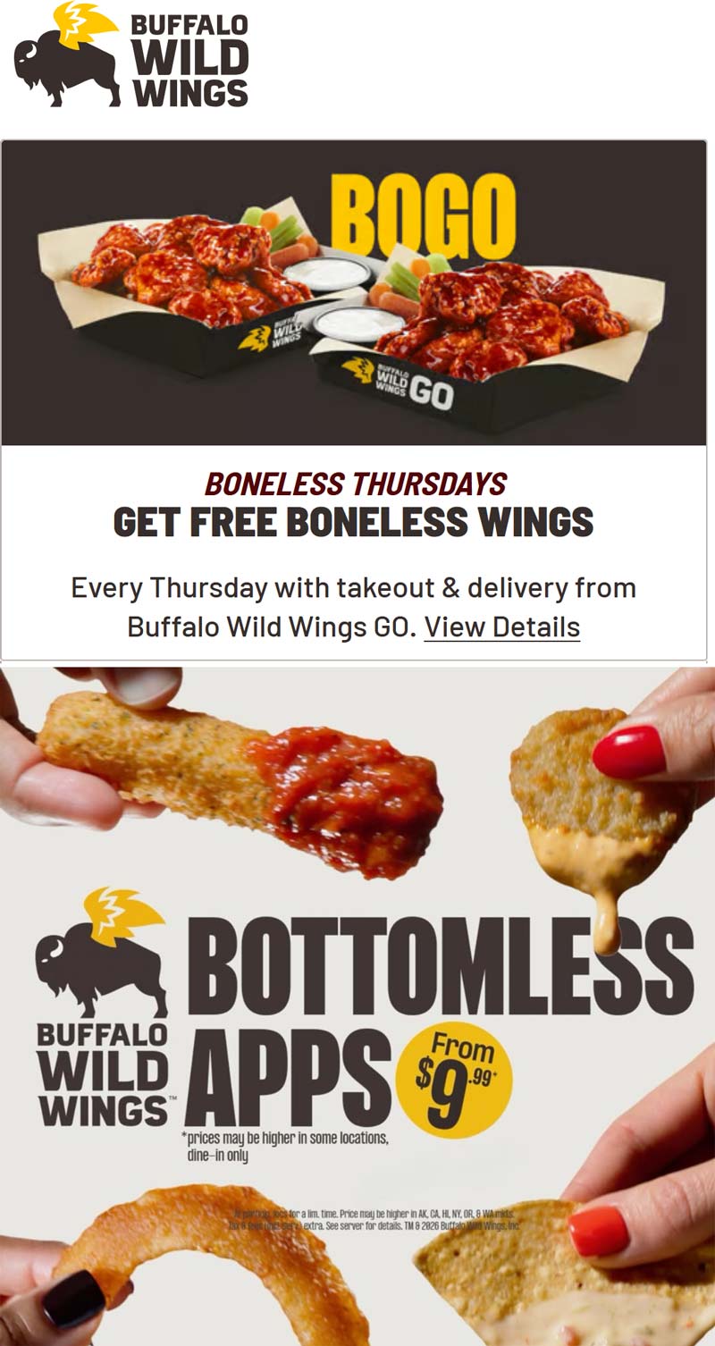 Buffalo Wild Wings restaurants Coupon  $10 bottomless appetizers & bogo chicken wings today at Buffalo Wild Wings #buffalowildwings 