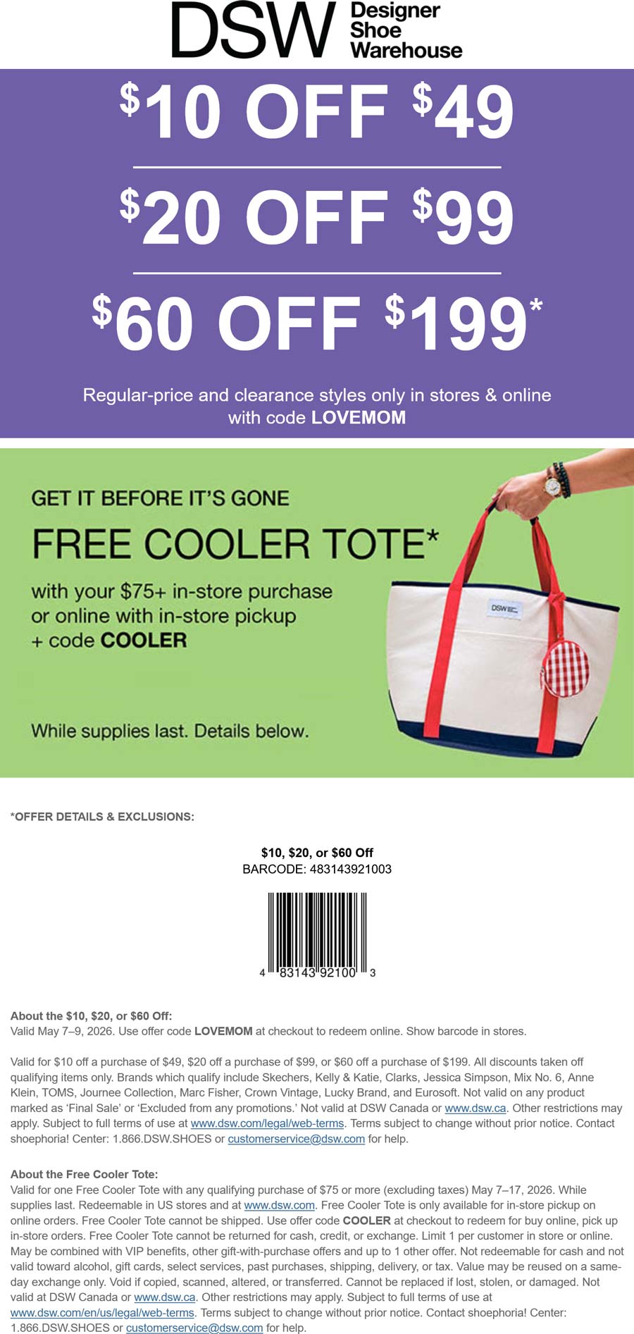 DSW stores Coupon  Free cooler tote on $75 also $10-$60 off $49+ at DSW, online promo LOVEMOM #dsw 