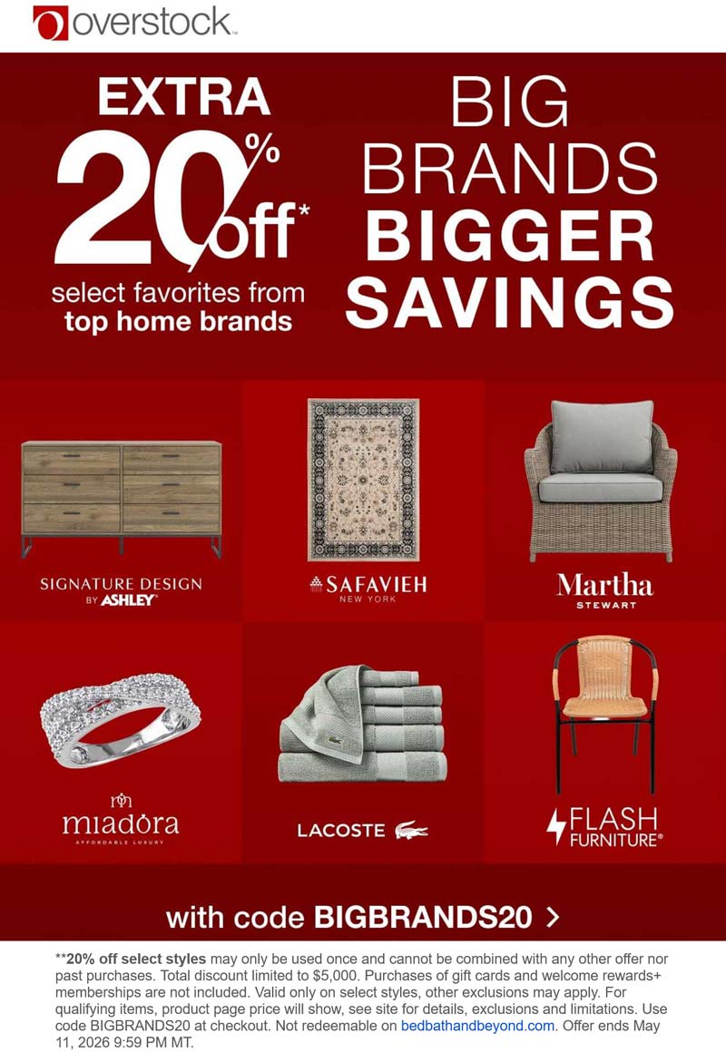 Overstock stores Coupon  Extra 20% off at Overstock via promo code BIGBRANDS20 #overstock 