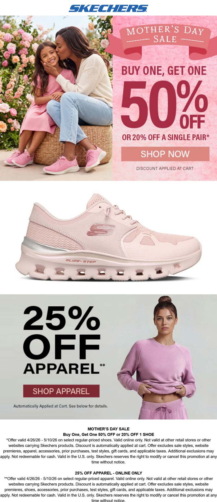 Skechers stores Coupon  25% off apparel & second pair 50% off at Skechers #skechers 