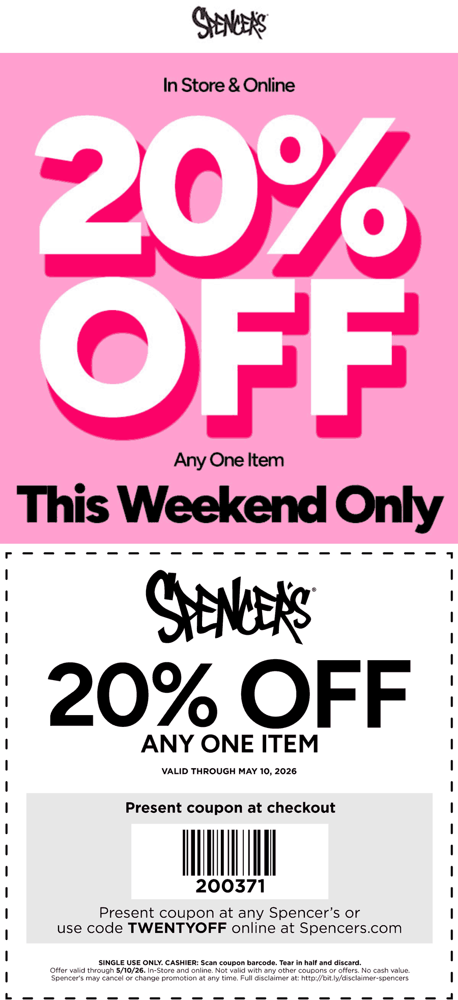 Spencers stores Coupon  20% off a single item at Spencers, or online via promo code TWENTYOFF #spencers 