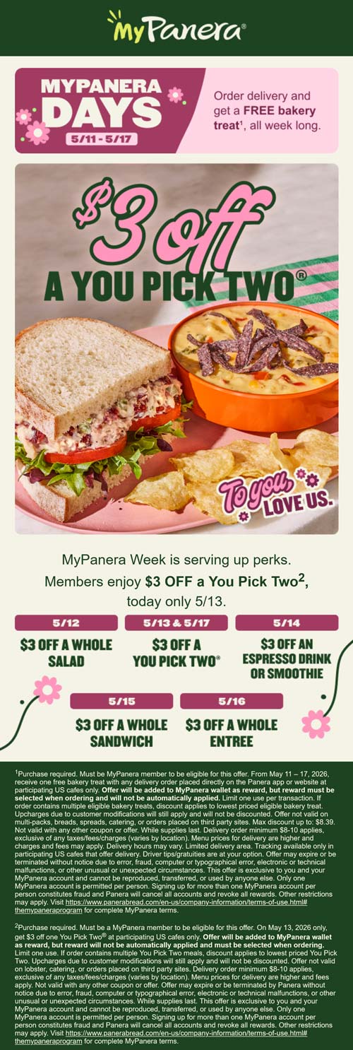 Panera restaurants Coupon  Free bakery treat with delivery & $3 off pick two via login at Panera restaurants #panera 