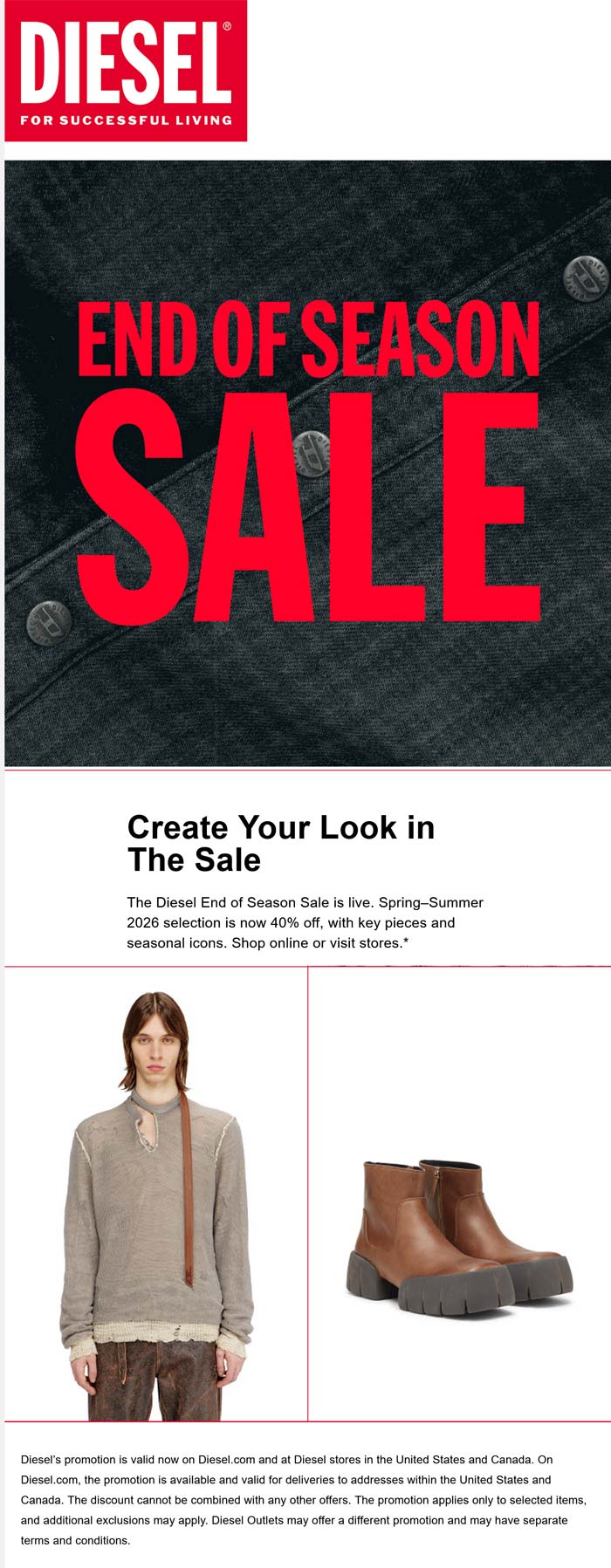 Diesel stores Coupon  40% off seasonal items at Diesel, also online #diesel 
