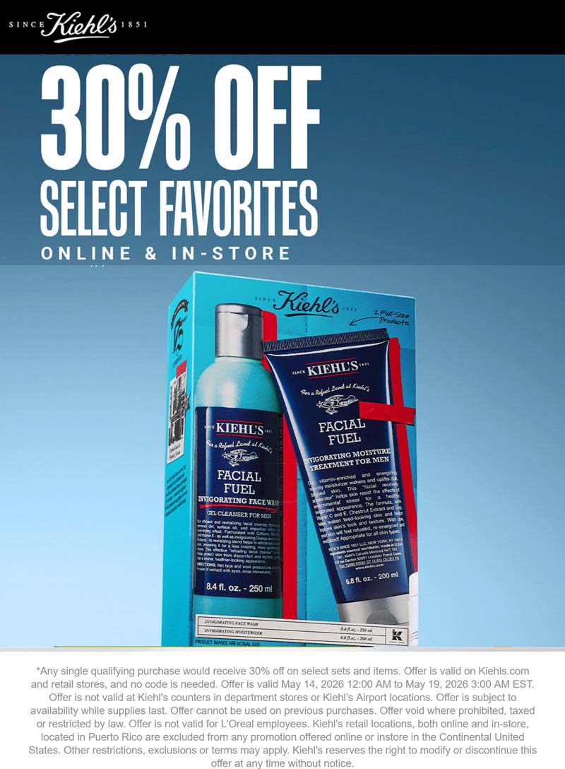 Kiehls stores Coupon  30% off favorites at Kiehls, ditto online #kiehls 