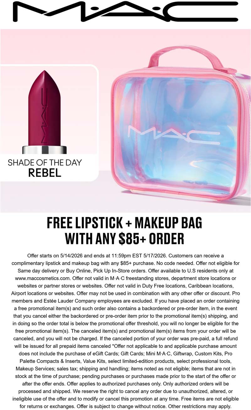 MAC stores Coupon  Free lipstick & makeup bag on $85 today online at MAC cosmetics #mac 