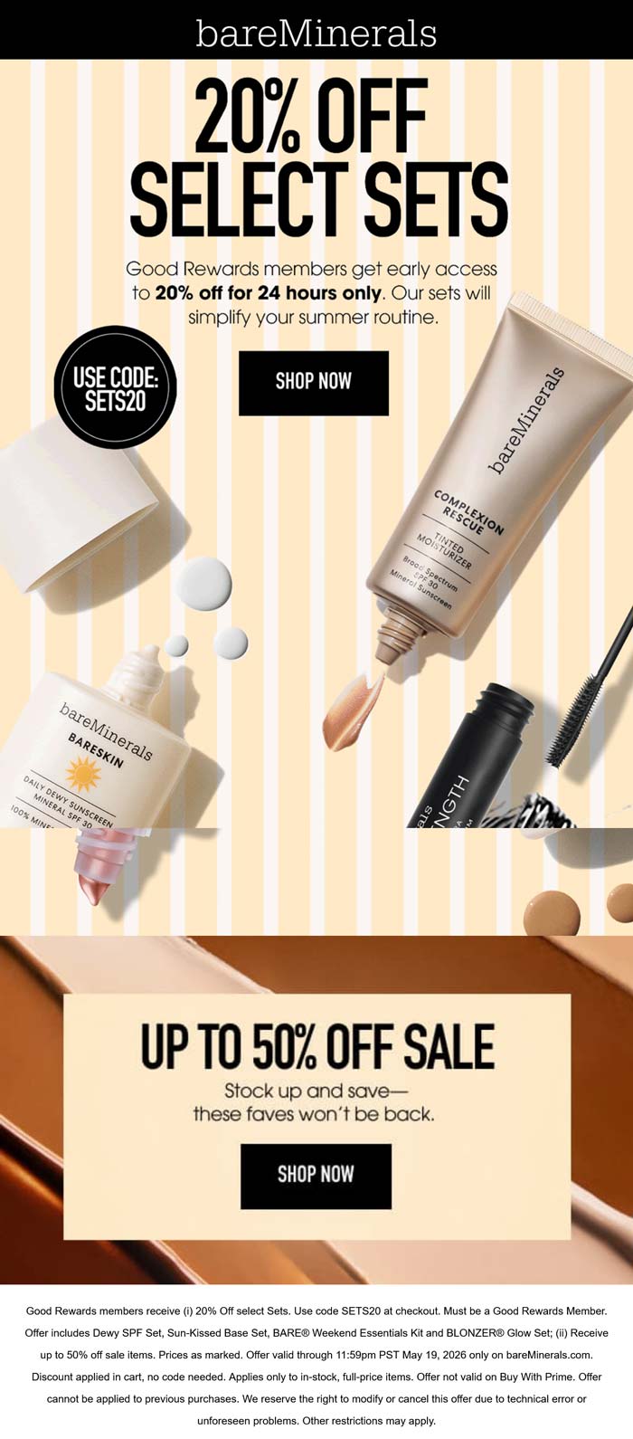 bareMinerals stores Coupon  20-50% off at bareMinerals via promo code SETS20 #bareminerals 