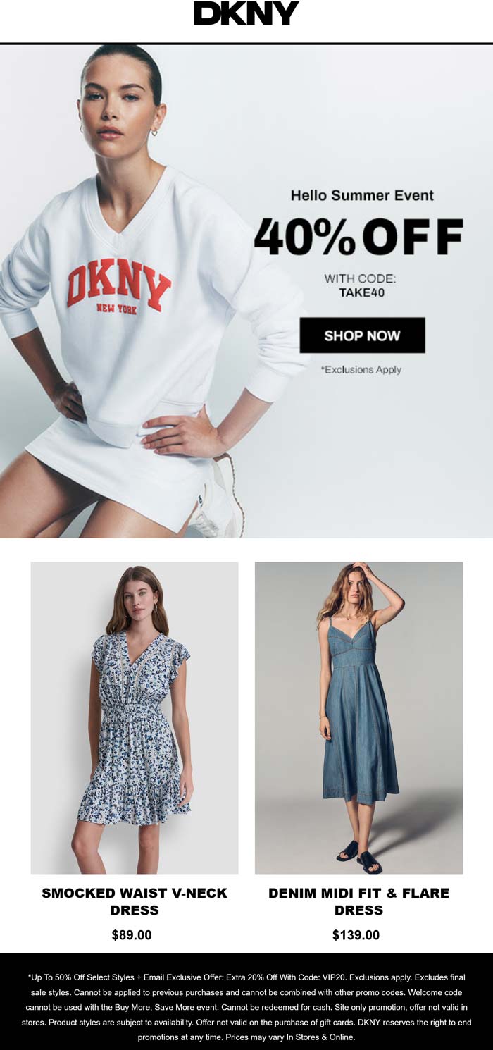 DKNY stores Coupon  40% off online at DKNY via promo code TAKE40 #dkny 
