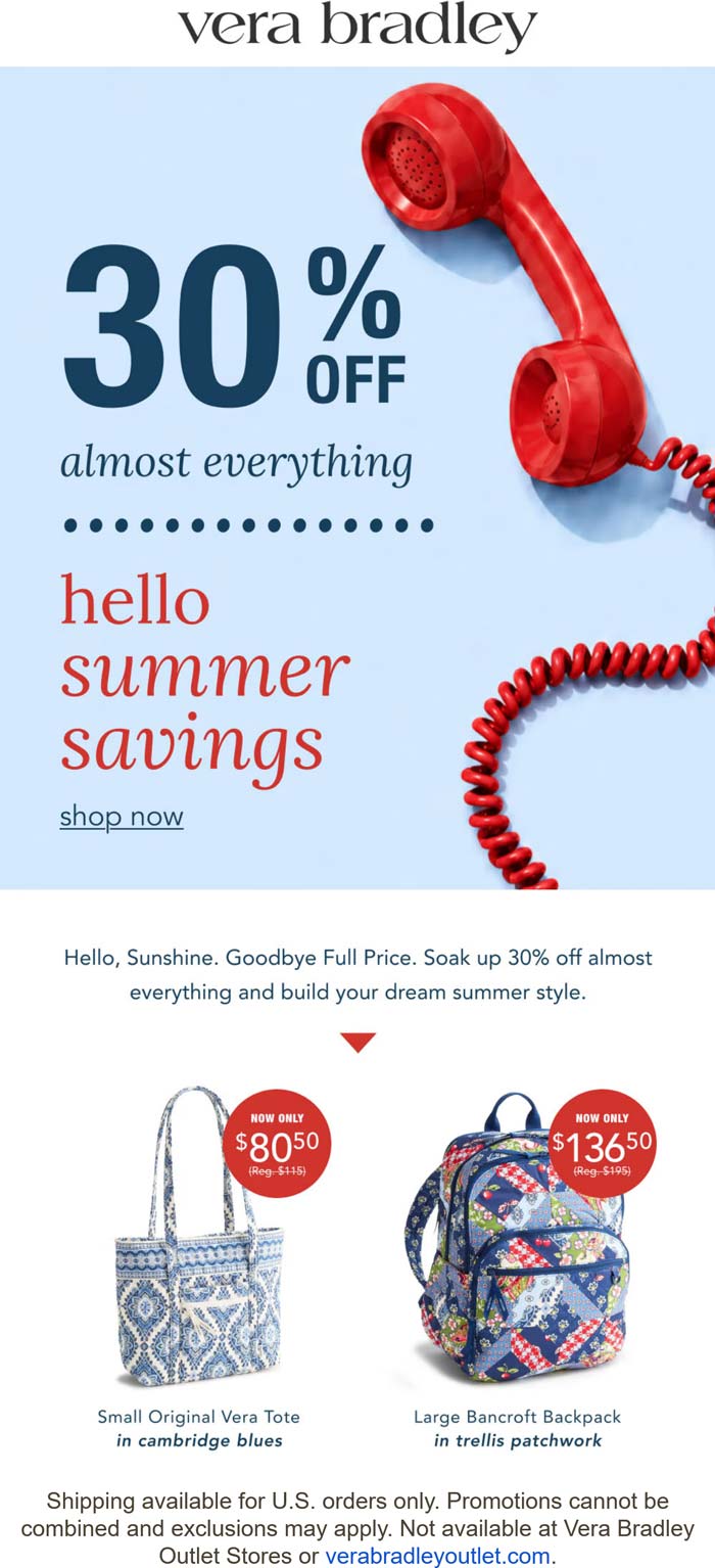Vera Bradley stores Coupon  30% off at Vera Bradley, ditto online #verabradley 