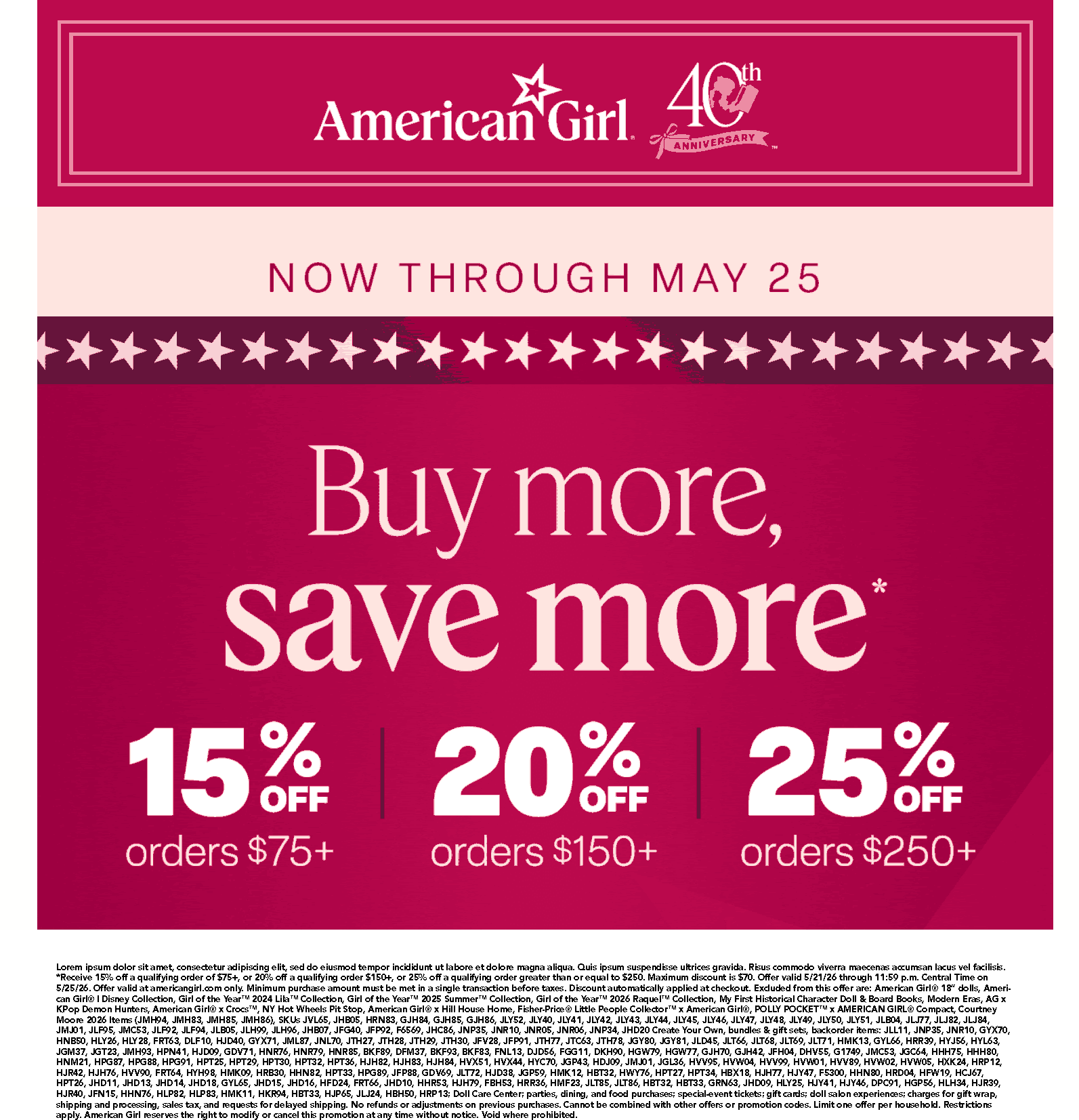 American Girl stores Coupon  15-25% off $75+ at American Girl doll #americangirl 