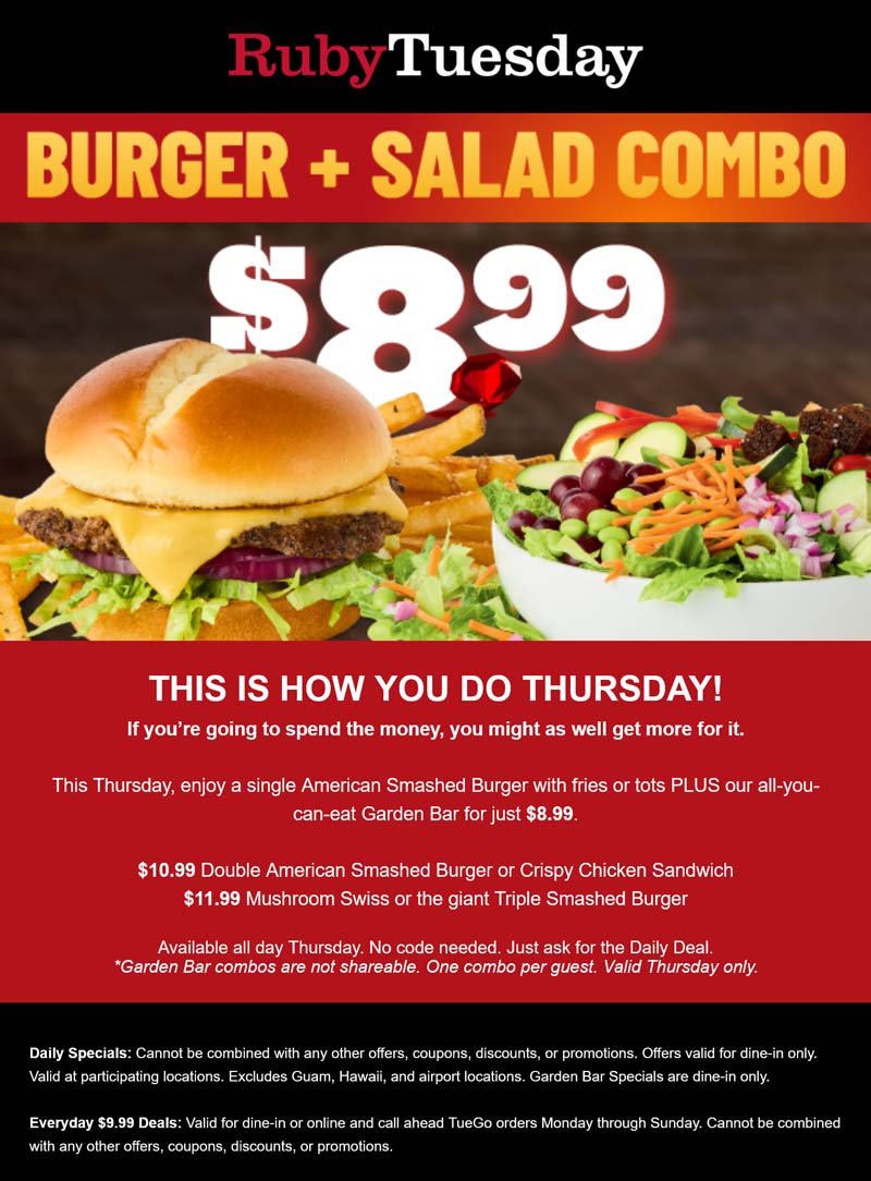 Ruby Tuesday Cheeseburger + salad bar = $9 today at Ruby Tuesday #rubytuesday Ruby Tuesday restaurants Coupon Cheeseburger + salad bar = $9 today at Ruby Tuesday #rubytuesday