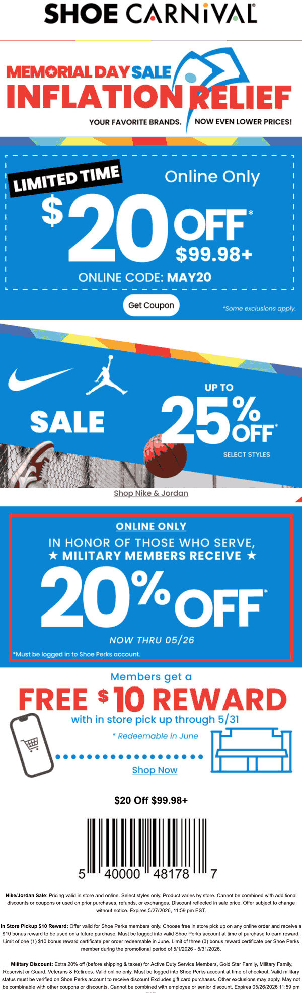 Shoe Carnival $20 off $100 also 25% off various Jordans at Shoe Carnival, or online via promo code MAY20 #shoecarnival Shoe Carnival stores Coupon $20 off $100 also 25% off various Jordans at Shoe Carnival, or online via promo code MAY20 #shoecarnival