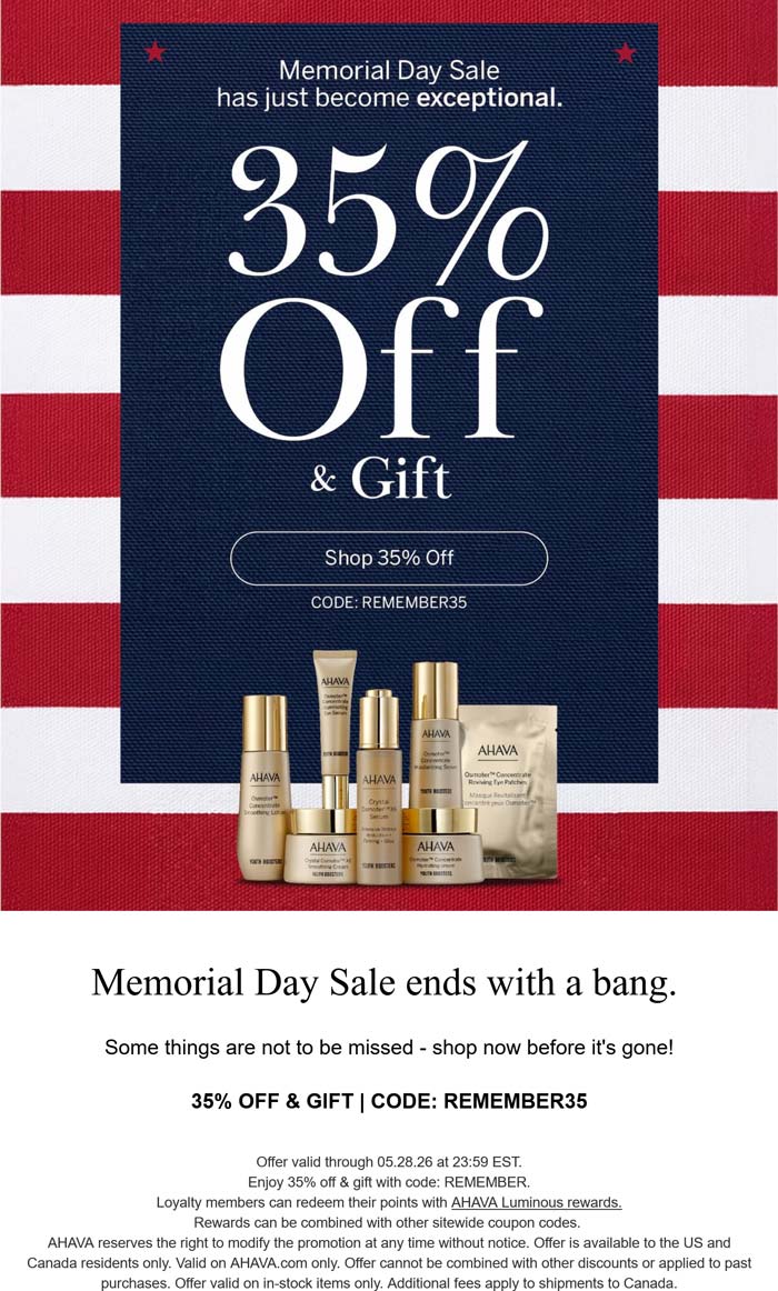 AHAVA 35% off + free 7pc at AHAVA via promo code REMEMBER35 #ahava AHAVA stores Coupon 35% off + free 7pc at AHAVA via promo code REMEMBER35 #ahava