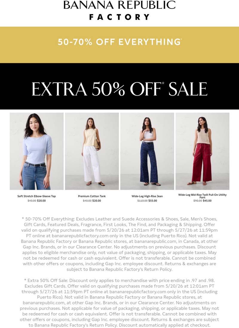 Banana Republic Factory stores Coupon  Extra 50-70% off everything today online at Banana Republic Factory #bananarepublicfactory 