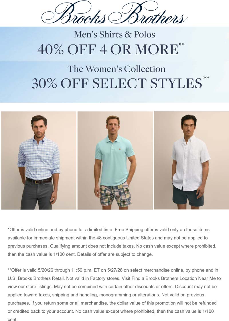 Brooks Brothers 40% off 4+ shirts today at Brooks Brothers #brooksbrothers Brooks Brothers stores Coupon 40% off 4+ shirts today at Brooks Brothers #brooksbrothers
