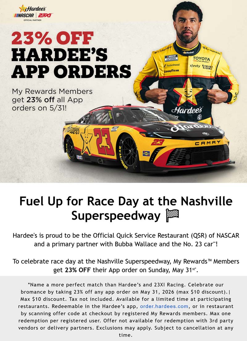 Hardees 23% off online today at Hardees restaurants #hardees Hardees restaurants Coupon 23% off online today at Hardees restaurants #hardees