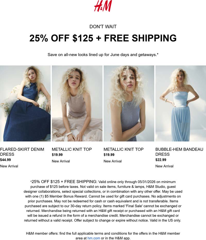 H&M stores Coupon  25% off $125 today at H&M #hm 