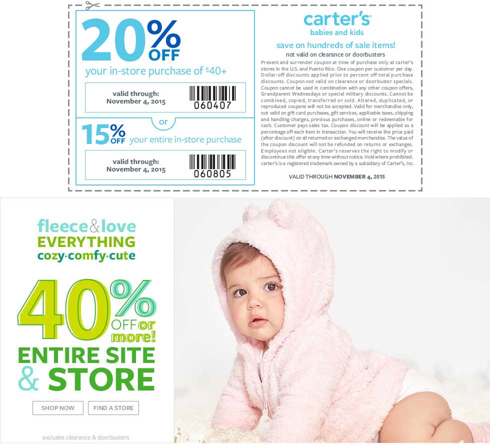 Carters Coupon April 2024 40% off everything + another 15-20% off at Carters, or online via promo code CARTNOV