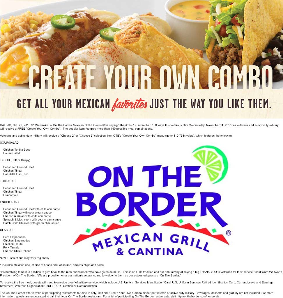 On The Border Coupon April 2024 Veterans enjoy a free combo meal the 11th at On The Border
