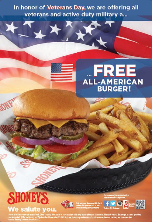 Shoneys Coupon April 2024 Veterans enjoy a free burger the 11th at Shoneys restaurants