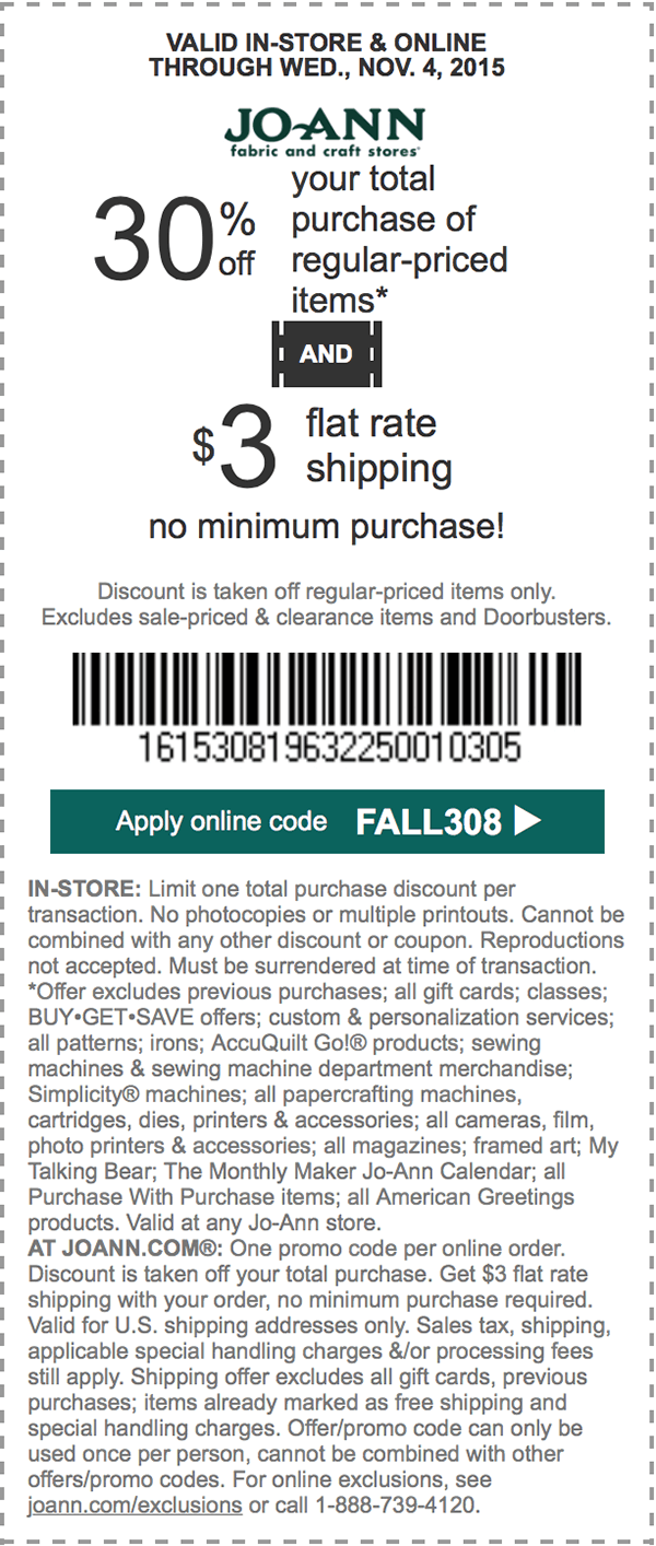 Jo-Ann Fabric Coupon April 2024 30% off at Jo-Ann Fabric, or online via promo code FALL308