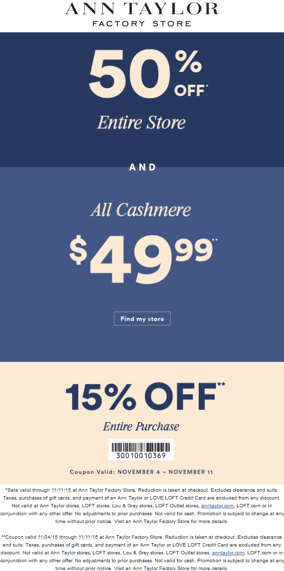 Ann Taylor Factory Coupon March 2024 Extra 50% off everything + another 15% off at Ann Taylor Factory stores