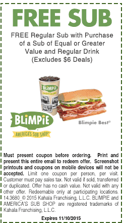 Blimpie Coupon March 2024 Second sub sandwich free at Blimpie