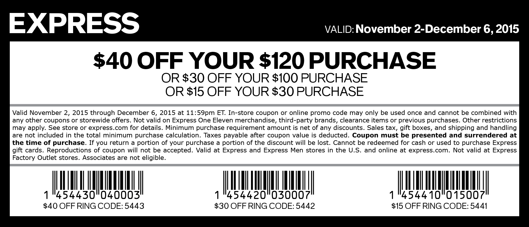 Express Coupon April 2024 $15 off $30 & more at Express, or online via promo code 5441