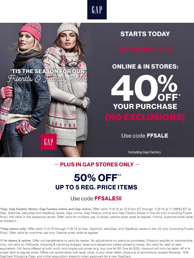 Gap Coupon April 2024 40% off everything at Gap, GapKids, babyGap and GapBody stores, or online via promo code FFSALE50