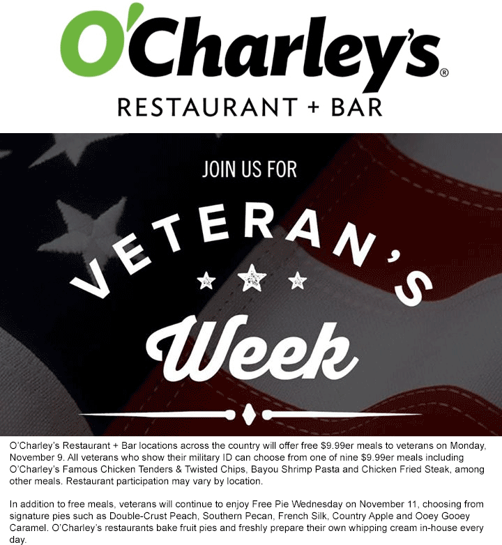 OCharleys Coupon March 2024 $10 meal free for veterans Monday at OCHarleys restaurant & bar
