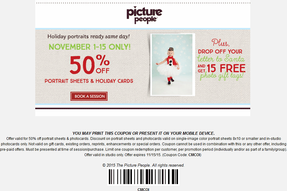 Picture People Coupon April 2024 50% off portrait sheets & holiday cards at Picture People