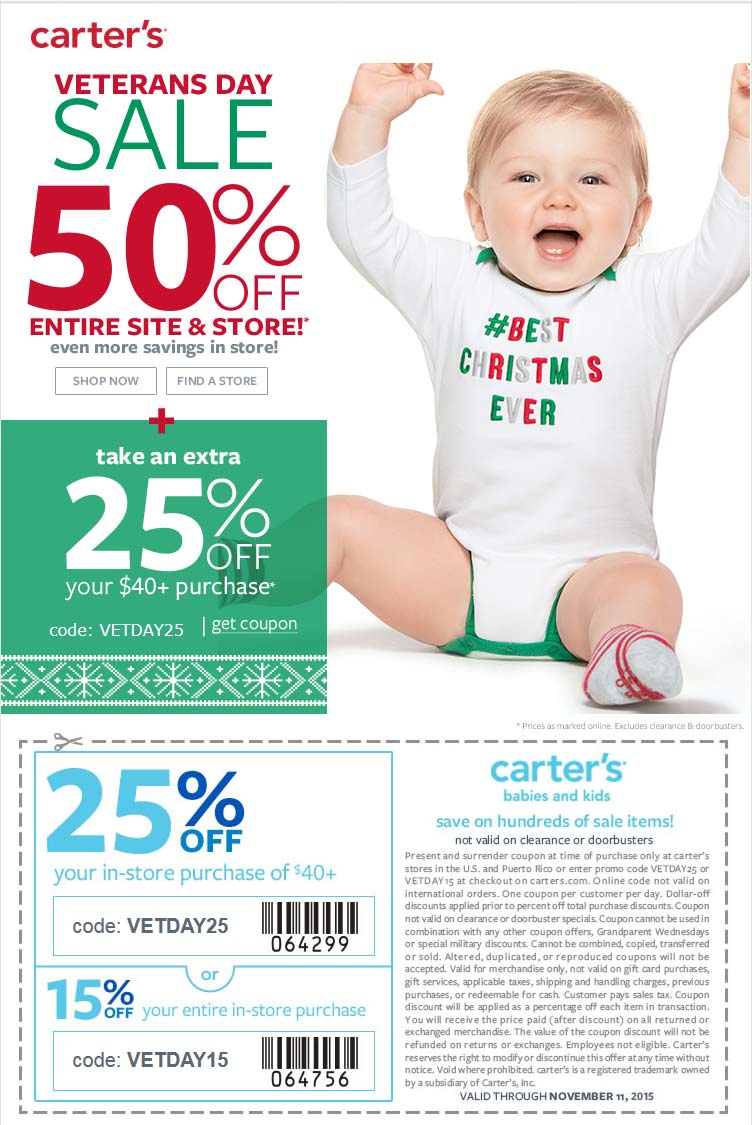 Carters Coupon April 2024 50% off everything + 25% off $40 at Carters, or online via promo code VETDAY25