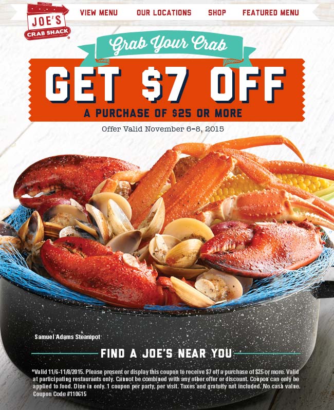 Joes Crab Shack Coupon April 2024 $7 off $25 at Joes Crab Shack restaurants