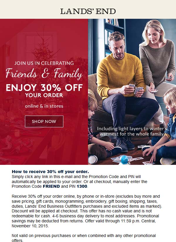 Lands End Coupon April 2024 30% off at Lands End, or online via promo code FRIEND and pin 1300