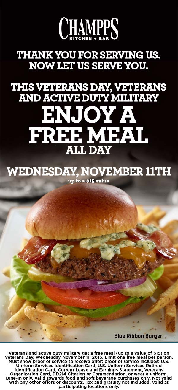 Champps Coupon April 2024 Military enjoy a free meal Wednesday at Champps