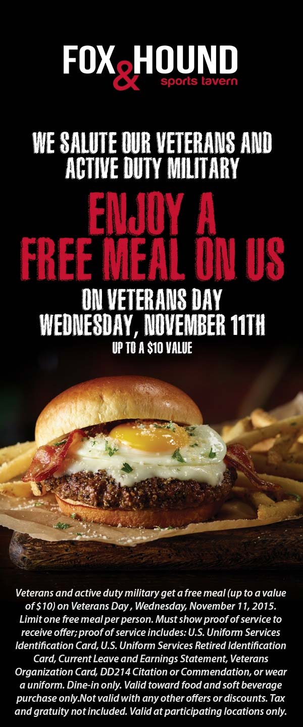 Fox & Hound Coupon April 2024 $10 meal free for military Wednesday at Fox & Hound sports tavern