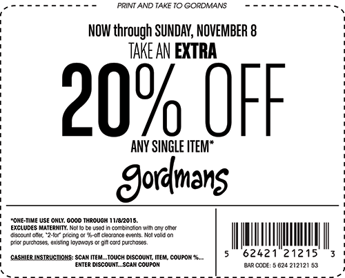 Gordmans Coupon March 2024 Extra 20% off a single item at Gordmans