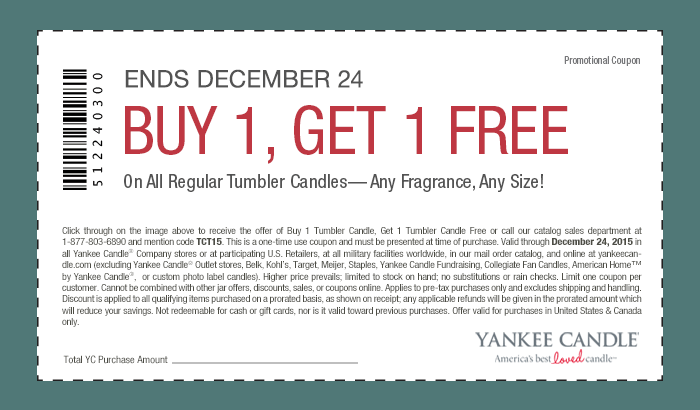 Yankee Candle Coupon March 2024 Second tumbler candle free at Yankee Candle, or online via promo code TCT15