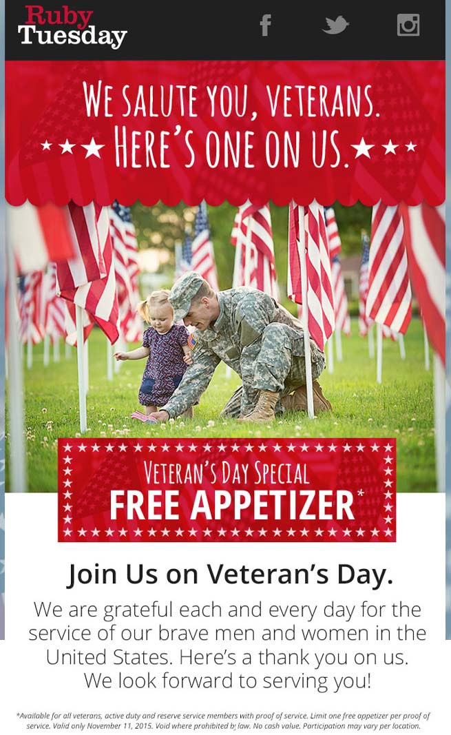 Ruby Tuesday Coupon April 2024 Veterans enjoy a free appetizer Wednesday at Ruby Tuesday