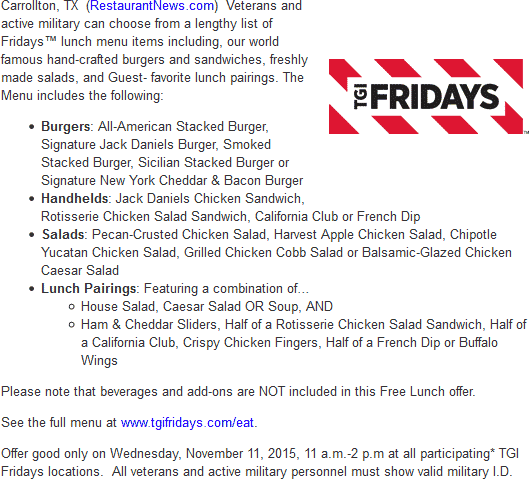 TGI Fridays Coupon April 2024 Free lunch for military Wednesday at TGI Fridays