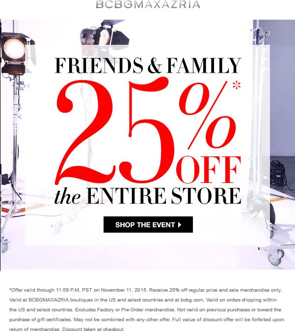 BCBG Coupon April 2024 25% off everything at BCBGMaxazria, ditto online