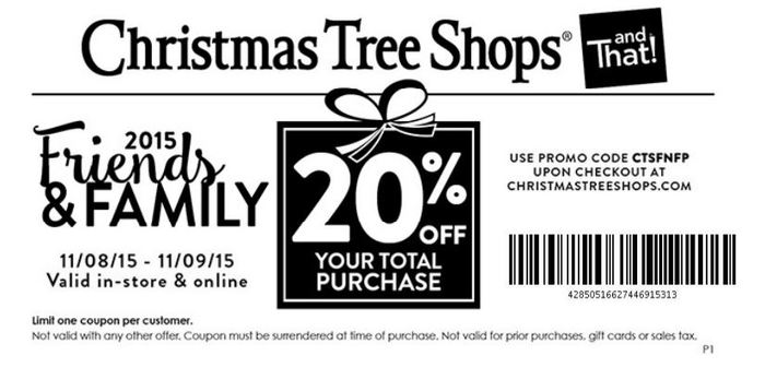 Christmas Tree Shops Coupon March 2024 20% off today at Christmas Tree Shops, or online via promo code CTSFNFP