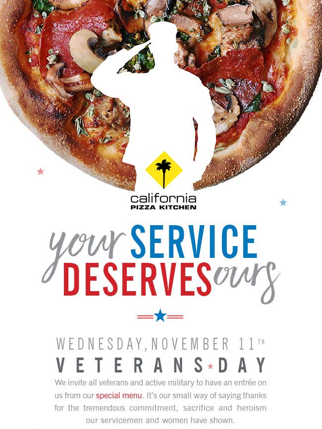 California Pizza Kitchen Coupon March 2024 Military enjoy a free entree Wednesday at California Pizza Kitchen