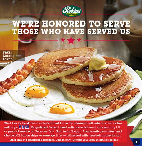 Perkins Coupon April 2024 7pc breakfast free for military Wednesday at Perkins restaurants