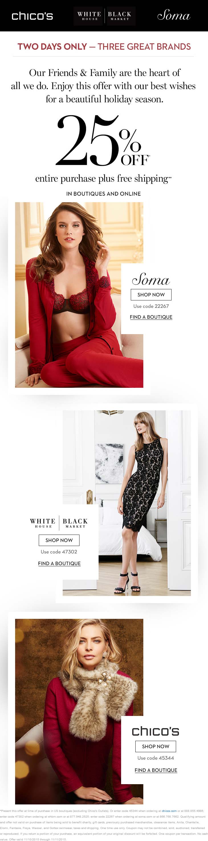 Chicos Coupon April 2024 25% off at Chicos, White House Black Market & Soma, also online